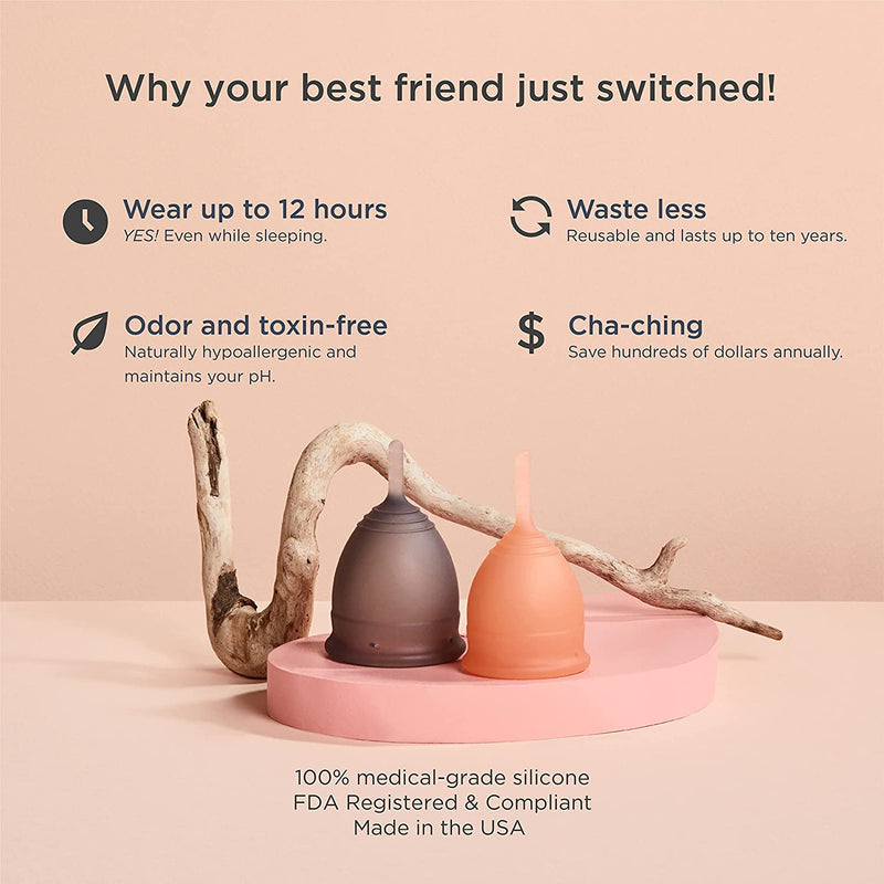 Soft Menstrual Cup – Reusable Period Cup – Made for Comfortable, Leak-Free Protection up to 12 Hours – BPA & Latex Free – Includes Cup & Carry Bag (Regular Grey/Small Desert Blush)