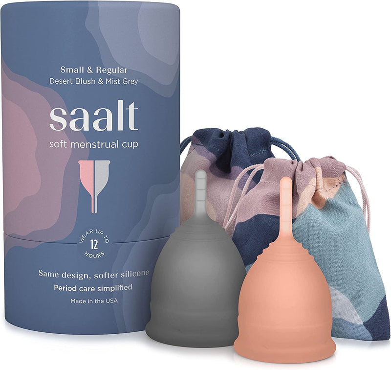 Soft Menstrual Cup – Reusable Period Cup – Made for Comfortable, Leak-Free Protection up to 12 Hours – BPA & Latex Free – Includes Cup & Carry Bag (Regular Grey/Small Desert Blush)